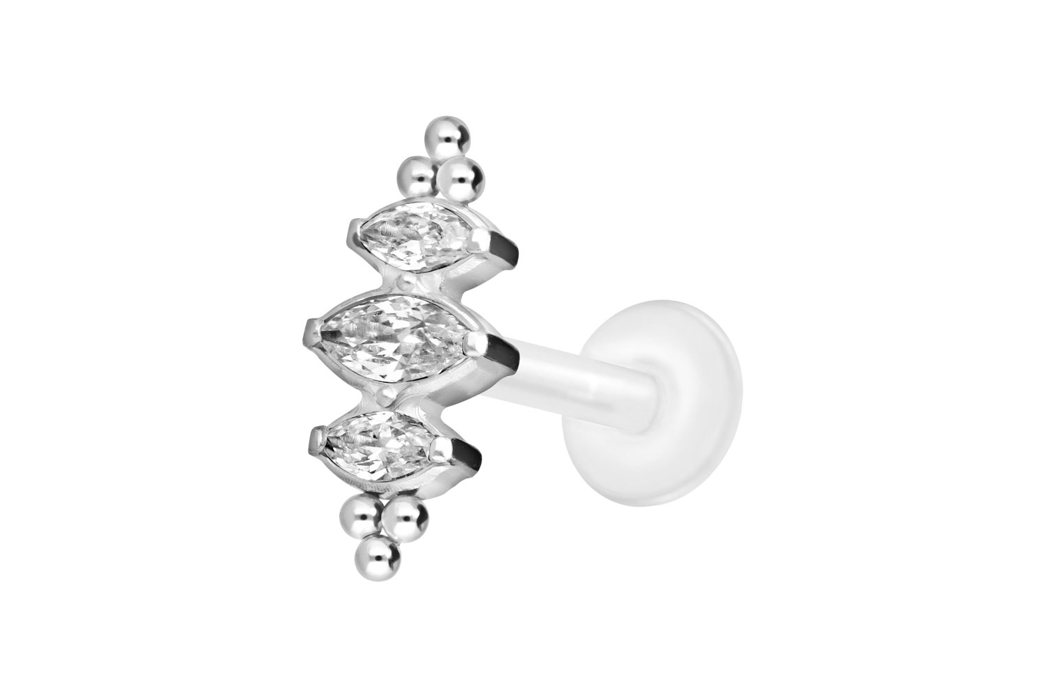 PTFE Labret Piercing mit Innengewinde + Titan-Aufsatz 3 KRISTALLTROPFEN + KUGELN